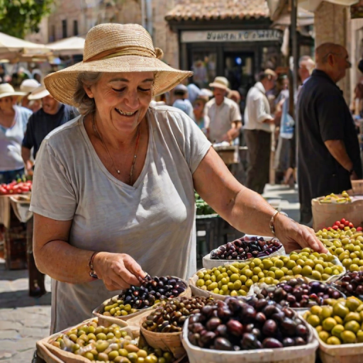 Bustling street market in the heart of a Mediterranean town, a woman carefully selects olives from a stall, her sunhat casting a shadow over her face as she smiles at the vendor.