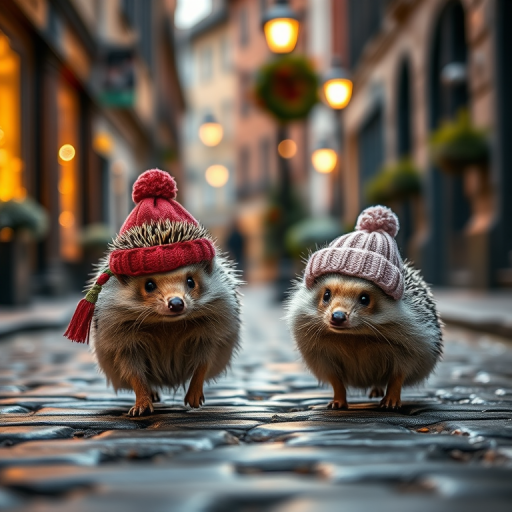 A cozy scene featuring two hedgehogs in winter attire walking on a cobblestone street, warm ambient lighting, shallow depth of field, shooting with a Canon EOS R5, 50mm f/1.2 lens, ISO 100, aperture f/2.8, 1/200 sec exposure, soft focus background.
