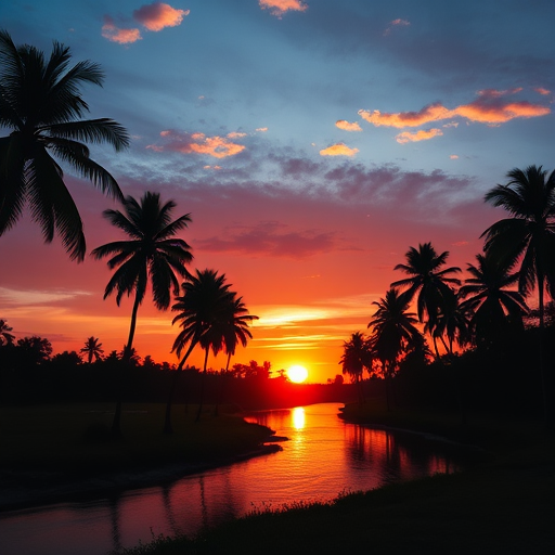 capture a stunning sunset over a serene river landscape with palm trees silhouetted against the sky, using a 35mm lens, f/8 aperture, ISO 100, slow shutter speed of 1/30s, shot in landscape orientation with a DSLR camera for enhanced detail and vibrant colors