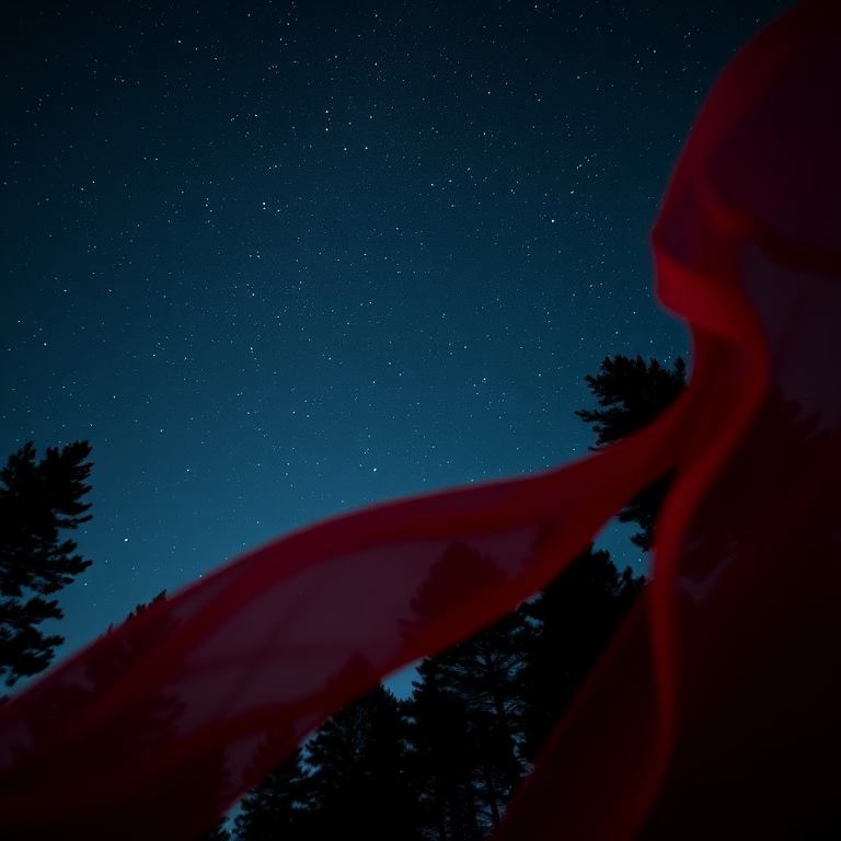 Create an image of a starry night sky with dark silhouette pine trees in the background, with red flowing fabric in the foreground, using a DSLR camera, 24mm lens, aperture f/2.8, ISO 800, long exposure 10 seconds, shot from a low angle for depth effect.
