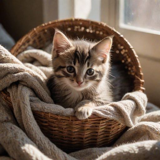 Softly focused photo of a kitten curled up in a basket of blankets, soft sunlight streaming through a nearby window, casting warm shadows on its tiny paws and whiskers.