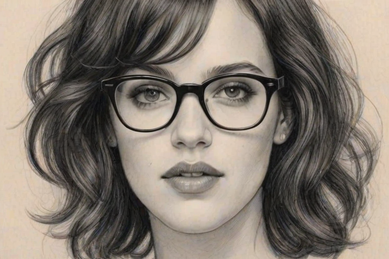 Ravishing Jessica Brown Findlay, pencil sketch, portrait of Gorgeous woman 1923s in glasses, hair style beatnik, outline, clear lines, fine lines, 8k