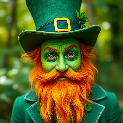 leprechaun with bright green face paint and vibrant orange beard, wearing a green top hat and jacket, set in a lush forest background with soft natural lighting, captured with a DSLR camera, 50mm lens, aperture f/1.8, ISO 100, focus on face to enhance detail, shallow depth of field for background blur