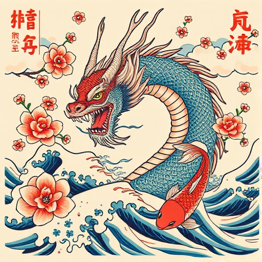 Japanese irezumi tattoo design known as "Mythical Waves" featuring a fierce dragon emerging from turbulent water with cherry blossoms koi fish and traditional clouds in vibrant colors adhering to traditional Japanese artistic principles
