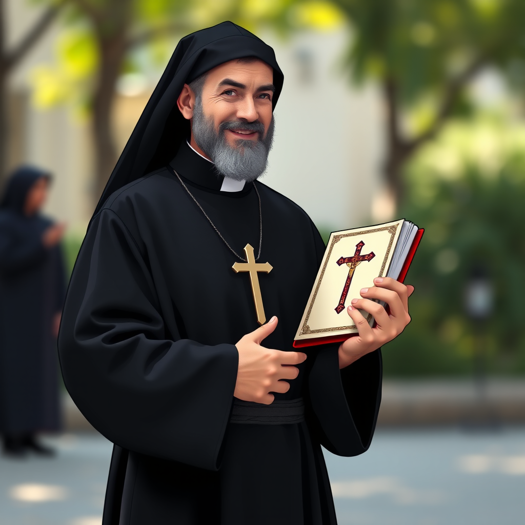 Create a digital illustration of a monk wearing a black robe, holding a book with a cross on the cover, standing in a welcoming pose, captured with a Canon EOS 5D Mark IV, 50mm lens, f/1.8 aperture, ISO 100, natural lighting, and a shallow depth of field for enhanced focus on the subject.