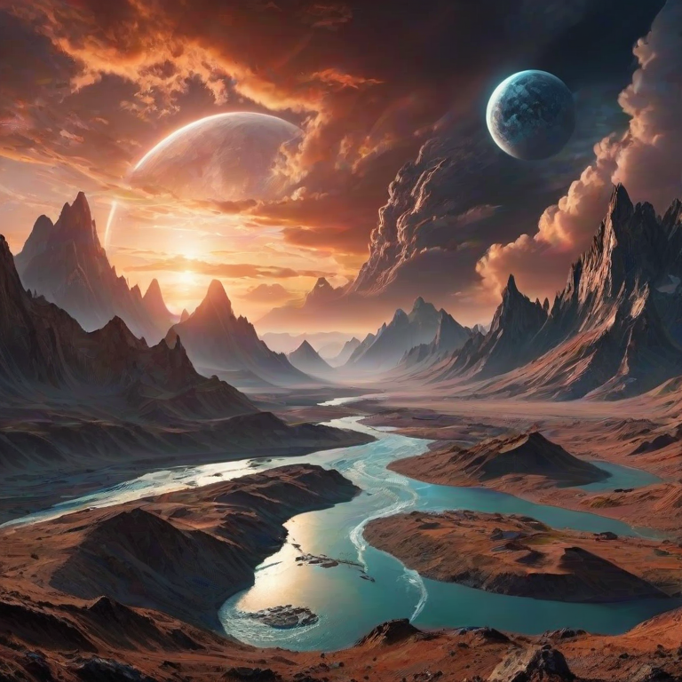 generate a surreal alien landscape at sunset with dramatic clouds, a massive planet in the sky, mountain ranges, and a winding river flowing through the terrain