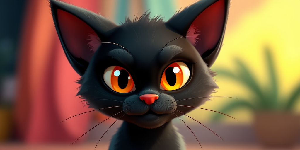 Generate an image of a cartoon black cat with orange eyes and a mischievous expression, captured with a Canon EOS R5 at f/2.8, ISO 100, 50mm lens, with a bright, colorful background and soft focus on the cat.