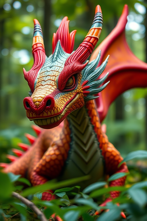 Create a highly detailed, colorful dragon character in a lush forest setting, captured with a DSLR camera at 50mm lens, f/1.8 aperture, ISO 100, and a shallow depth of field to emphasize the vibrant textures and colors of the dragon and the surrounding foliage.