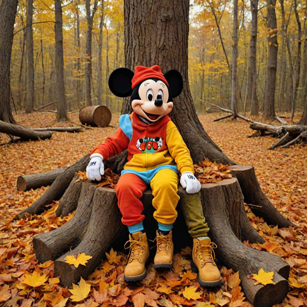 Cheerful Mickey Mouse Character Enjoying a Colorful Autumn Day in Nature