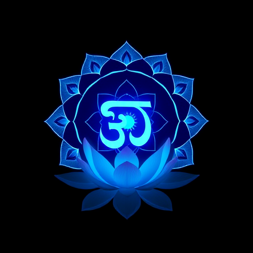 create a vibrant blue chakra symbol surrounded by a lotus flower on a black background, camera settings: aperture f/4, ISO 100, shutter speed 1/60s, camera view: close-up, camera style: digital art, camera type: DSLR