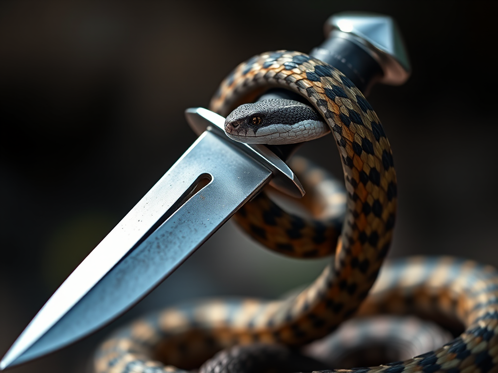 Regenerate the image of a dagger entwined with a snake, macro shot, f/2.8 aperture, ISO 100, natural lighting, 50mm lens, high contrast, sharp focus on the dagger, soft bokeh background.