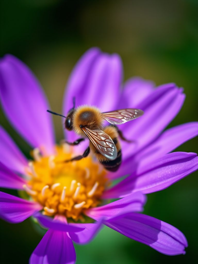 Close-up shot of a bee on a vibrant purple flower with a shallow depth of field, using a Canon EOS 5D Mark IV, 85mm lens, aperture f/1.8, ISO 100, 1/200 sec, daylight, capturing intricate details and soft background blur.