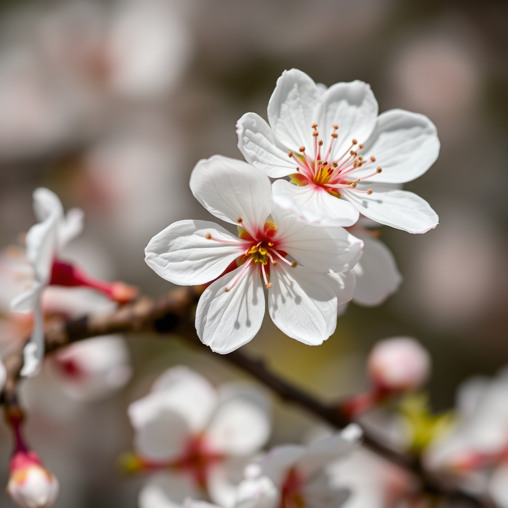 Close-up of blooming cherry blossoms, shallow depth of field, f/2.8, 1/200s, ISO 100, macro lens, natural light, DSLR camera.