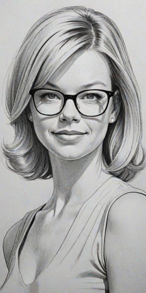 Delightful Amy Smart, pencil sketch, portrait of Attractive woman 1960s in glasses, hair style beatnik, outline, clear lines, fine lines, 8k