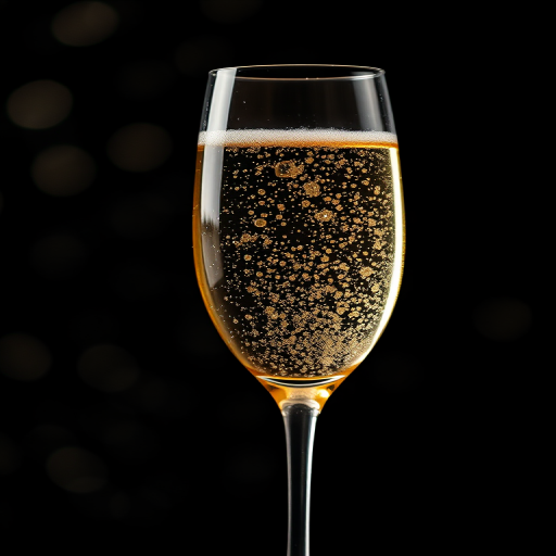 Champagne glass with sparkling bubbles against a black background, bokeh lights effect, shallow depth of field, ISO 100, f/2.8, 1/125s, 50mm lens, DSLR camera, high dynamic range.