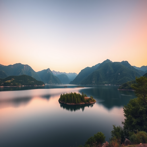 Generate a high-resolution image of a serene landscape featuring a calm lake surrounded by lush green mountains, captured with a Canon EOS R5, 24mm lens, f/8 aperture, ISO 100, using a sunrise setting for soft lighting and enhanced colors, in a wide-angle perspective.