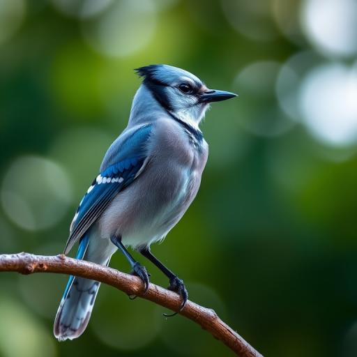 Blue jay perched on a branch with soft bokeh background, f/4 aperture, ISO 200, 1/200s shutter speed, captured with a Canon EOS 5D Mark IV, 300mm lens in portrait orientation, natural light.