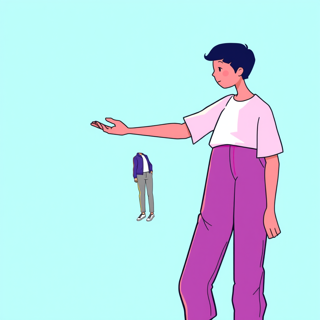 Generate a vibrant, simplified illustration of a person standing with one hand outstretched, supporting a smaller version of themselves, wearing casual clothing in a soft color palette against a bright turquoise background, using a Canon EOS R5 with a 50mm lens, aperture f/2.8, ISO 200, and a slight vignette for depth.