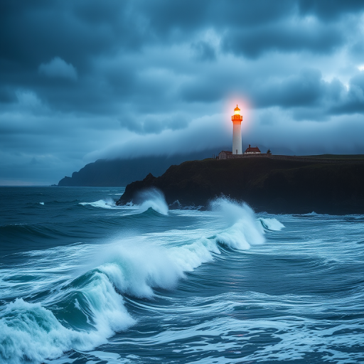 Low-light shot of a solitary lighthouse on a rugged coastline at dusk, the beacon casting a warm glow over crashing waves, with distant cliffs barely visible through soft mist and a stormy sky overhead.