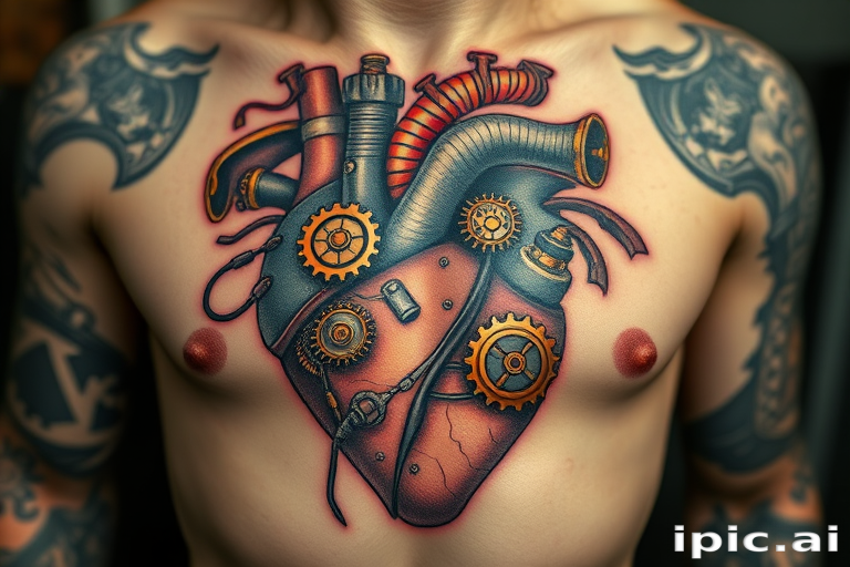 Steampunk-inspired mechanical heart tattoo with intricate gears, valves, and pipes, combining Victorian aesthetics with futuristic elements for a unique fusion of styles