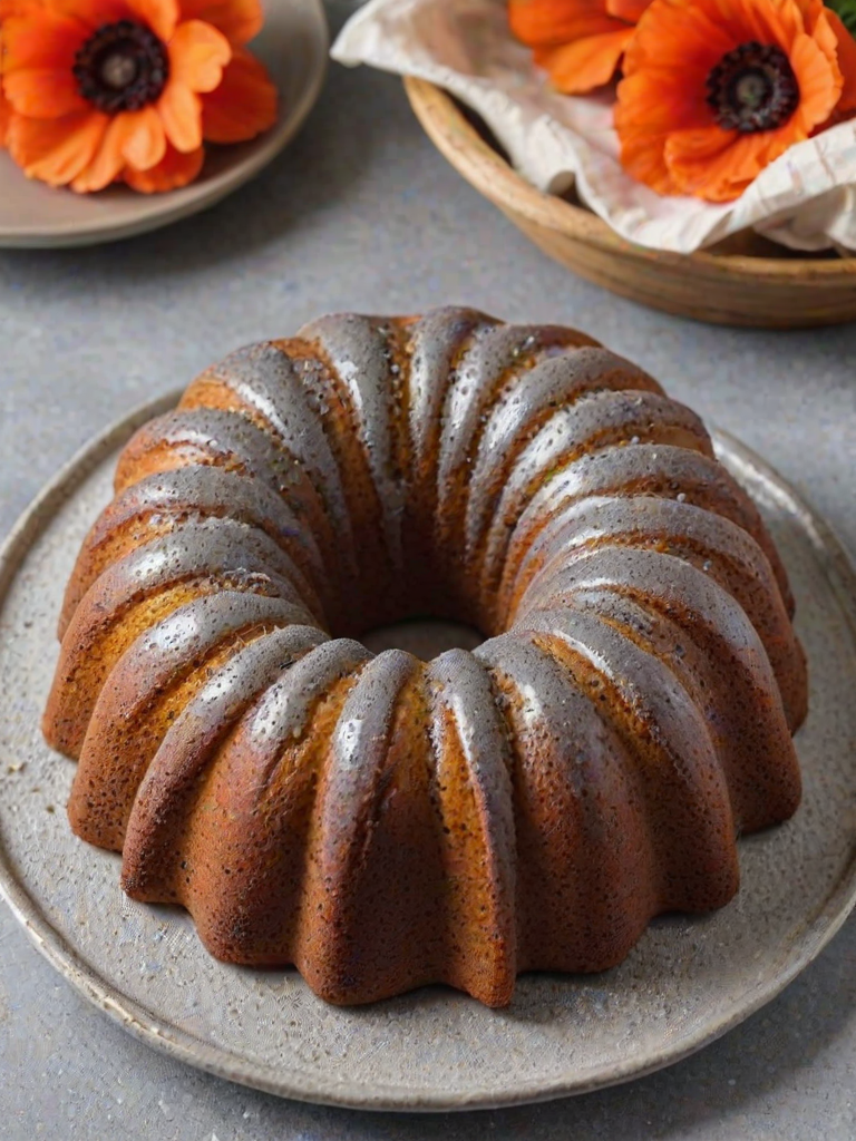 Generate an image of a freshly baked poppy seed cake in a bundt pan. The cake has a light golden color with visible poppy seeds and a dusting of powdered sugar on top. The pan is metallic and slightly shiny, with the cake slightly domed in the center. The background should be simple and unobtrusive, focusing on the cake.