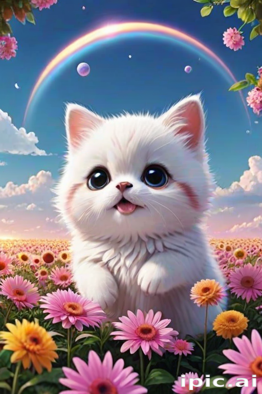A Playful Kitten Surrounded by Colorful Flowers Under a Vibrant Rainbow.