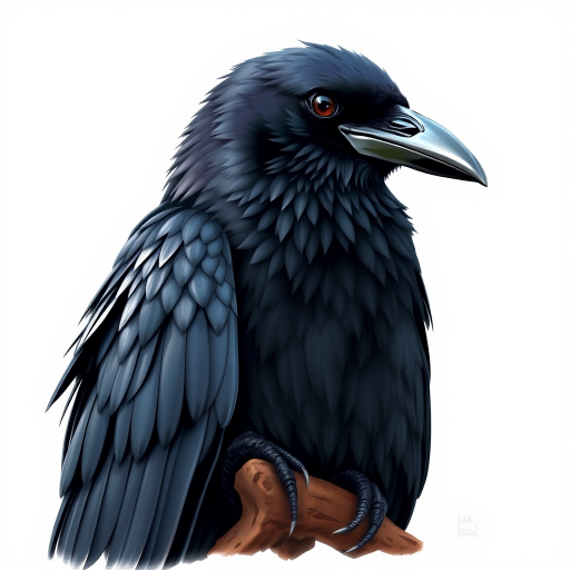 generate a detailed illustration of a raven perched with intricate feather textures and a glossy sheen, use a DSLR camera type, with a 50mm lens, aperture set to f/2.8 for shallow depth of field, shutter speed at 1/250 to capture sharp details, and ISO at 100 for optimal clarity.