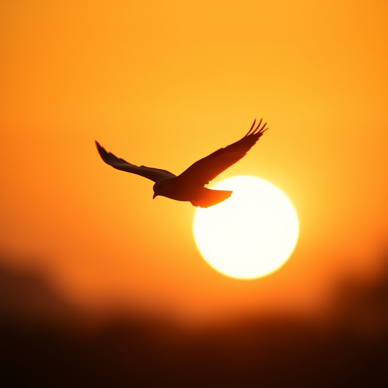 Generate a high-resolution image of a silhouette of a bird in flight, using a DSLR camera with a 50mm lens, aperture set to f/2.8, shutter speed at 1/1000 sec, ISO 100, natural backlighting during sunset, and a shallow depth of field for a soft background.