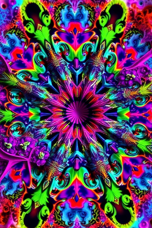 Generate a high-resolution fractal image with vibrant colors and intricate patterns, camera settings: ISO 100, aperture f/8, shutter speed 1/250s, camera view: macro, camera style: vivid, camera type: digital SLR.