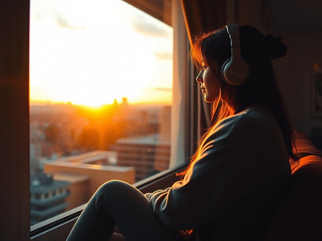 Generate an image of a girl sitting by a window at sunset, wearing headphones, with a cozy room backdrop, capturing warm lighting and city skyline, using a Canon EOS R5, 50mm f/1.2 lens, aperture f/1.8, ISO 100, 1/60 sec, in a soft focus style for enhanced depth and vibrant colors.