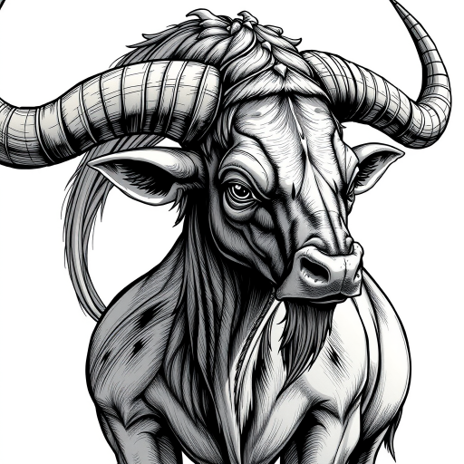 A detailed illustration of a mythical creature with the body of a bull and the upper part of a human, showcasing intricate textures and shading, captured with a DSLR camera at f/2.8, ISO 100, in a close-up shot with natural lighting to enhance detail and depth.