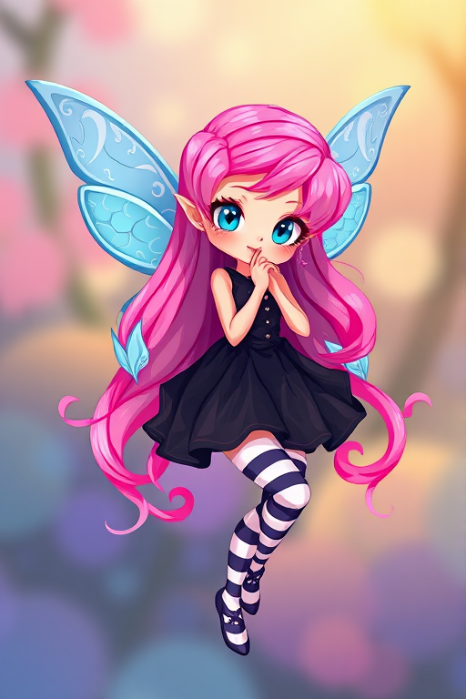 Create an illustration of a whimsical fairy with pink hair and blue wings, wearing a black dress and striped stockings, captured with a DSLR camera at ISO 100, aperture f/2.8, focal length 50mm, in a high-resolution, vibrant, and colorful style.