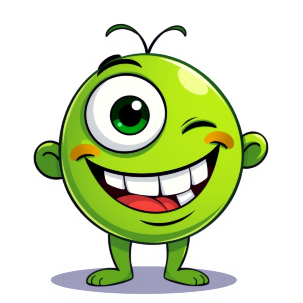 Create a vibrant cartoon character with a large single eye, a big smile showcasing teeth, and a playful expression, featuring a green body and an exaggerated red tongue, set against a white background, shot with a DSLR camera at f/2.8 aperture, ISO 100, and a focal length of 50mm for sharp details and vivid colors.