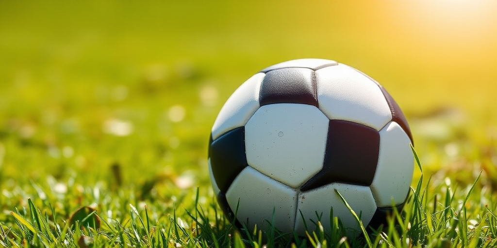 Generate a detailed and high-resolution image of a classic black and white soccer ball resting on a grassy field under bright sunlight, using a DSLR camera with a 50mm lens, aperture set to f/2.8, ISO 100, and a shallow depth of field to create a blurred background effect.