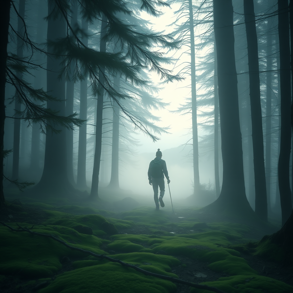 Softly lit image of a person hiking through a fog-covered forest, soft light filtering through the trees, with vibrant green moss covering the ground and distant mountains barely visible through the mist.