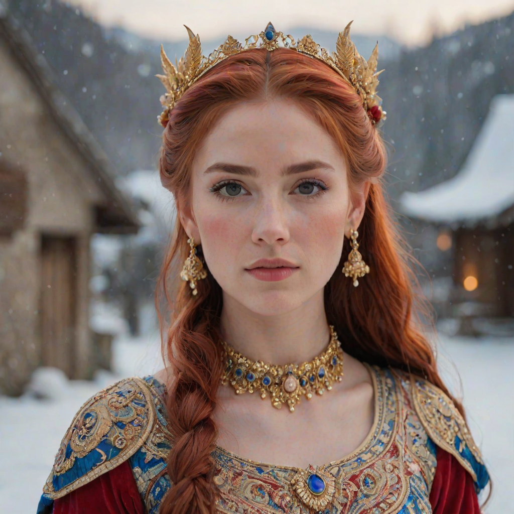 A young woman with long, flowing red hair, wearing a traditional, ornate red and blue costume with gold accents and intricate embroidery, stands facing the viewer in a close-up portrait. Her hair is styled in a high ponytail and adorned with a pair of golden, winged hairpieces. She wears gold earrings and her makeup is accented with light pink blush and a bright red lip. She has a soft and slightly melancholic expression, with her eyes looking directly at the camera. The background is a blurred, out-of-focus snowy landscape, with the woman in the foreground. The lighting is soft and natural, creating a warm, intimate atmosphere. The image is composed using a shallow depth of field, with the woman as the main focal point. The overall style is elegant, delicate, and fairytale-like.