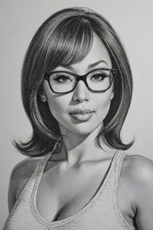 Lovely Cheryl Burke, pencil sketch, portrait of Wonderful woman 1967s in glasses, hair style beatnik, outline, clear lines, fine lines, 8k