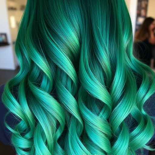 Emerald green mermaid waves expertly crafted by "Ocean's Crown" salon, showcasing long, luscious tresses with a seamless transition from deep forest green roots to vibrant seafoam tips, adorned with tiny, iridescent glitter accents that catch the light like shimmering scales.