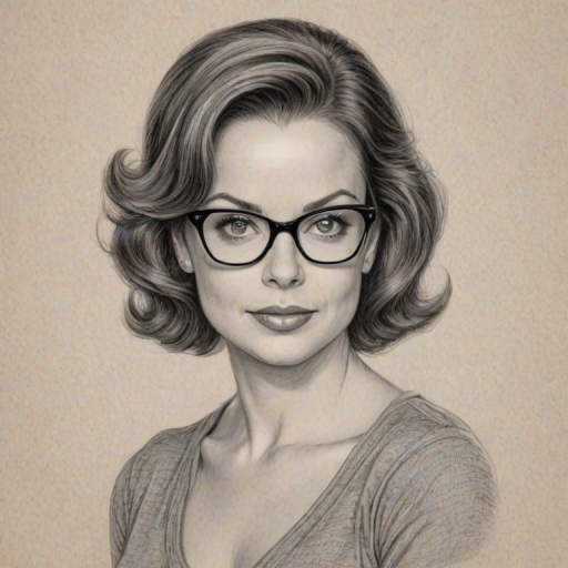 Captivating Kimberly Williams-Paisley, pencil sketch, portrait of Magnificent woman 1955s in glasses, hair style beatnik, outline, clear lines, fine lines, 8k