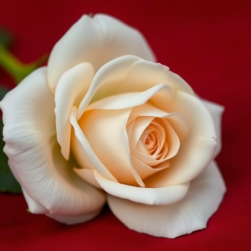 A freshly picked white rose on a red velvet background, shot with a Canon EOS 5D Mark IV, 50mm lens, f/2.8 aperture, ISO 100, natural lighting, macro view to enhance details and colors.
