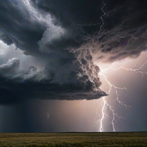 Dramatic thunderstorm over a vast landscape, dark clouds swirling, and flashes of lightning illuminating the scene, creating a sense of nature's power.