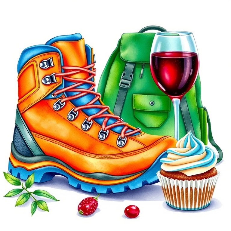 Create a vibrant still life illustration featuring a bright orange and blue hiking boot, a green backpack, a glass of red wine, and a cupcake with blue frosting, using a watercolor style, shot at a 35mm focal length, with an aperture of f/4 to achieve a soft background blur and enhance details, in natural daylight.