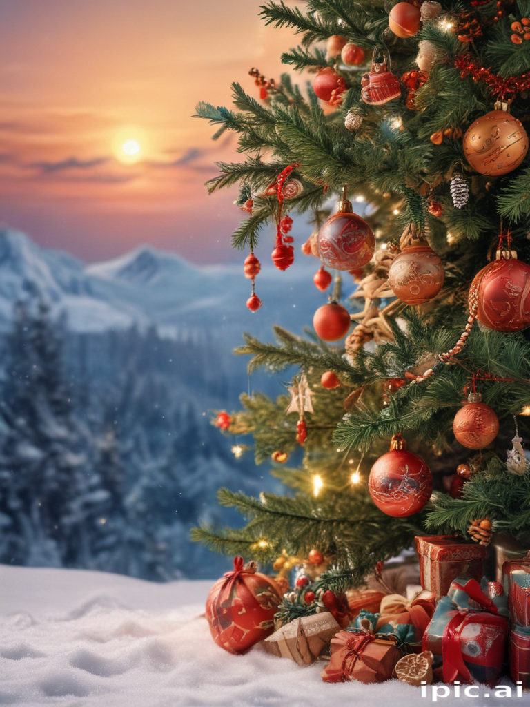 Beautifully Decorated Christmas Tree with Gifts Against a Stunning Sunset.