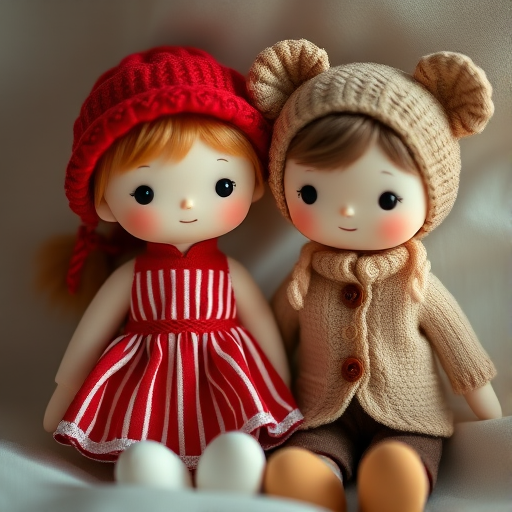 Create a high-resolution image of two cute, stylized dolls with soft features, one wearing a red dress with a striped pattern and a matching hat, the other in a beige outfit with a button-up sweater and bear ears, using a Canon EOS R5 camera, 50mm lens, f/1.8 aperture, ISO 100, soft diffused lighting, and a shallow depth of field for a dreamy effect.