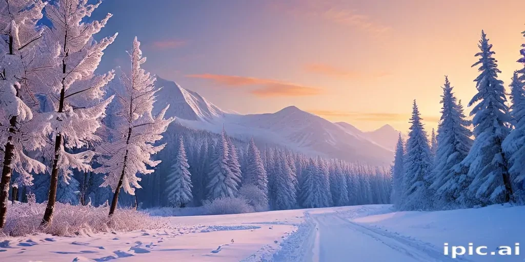Serene Winter Landscape at Dawn with Snow-Covered Trees and Mountains