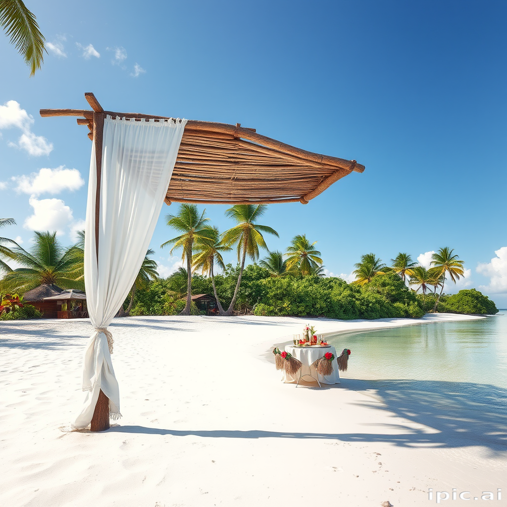 Create a picturesque tropical beach scene featuring a serene, white sandy shore. In the foreground, there's a rustic wooden canopy with white drapes gently flowing in the breeze. Underneath the canopy, a table is set with tropical decor, evoking a sense of relaxation and leisure. The beach extends into a calm, shallow water area with reflections of the sky and surroundings. Palm trees and lush greenery line the edge of the beach, providing a natural, tropical backdrop. The sky is clear with a few scattered clouds, and the overall atmosphere is tranquil and inviting, perfect for a peaceful retreat.