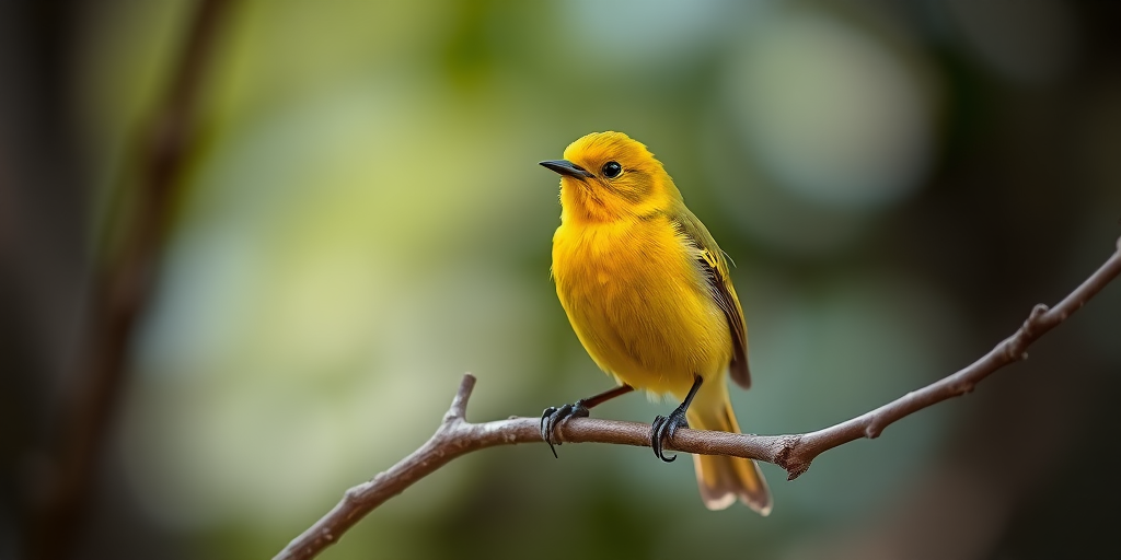 A vibrant yellow bird perched on a branch, captured with a shallow depth of field, soft natural lighting, DSLR camera settings ISO 200, aperture f/2.8, focal length 50mm, high dynamic range style.