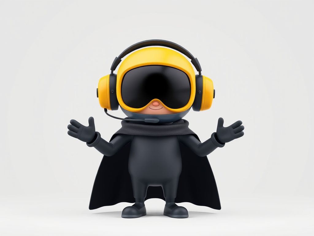 Create a high-resolution 3D render of a cartoon character wearing a black and yellow headset, standing in a neutral pose with arms slightly raised, white background, shot with a 50mm lens at f/8, ISO 100, and a softbox lighting setup to enhance details and reduce shadows.