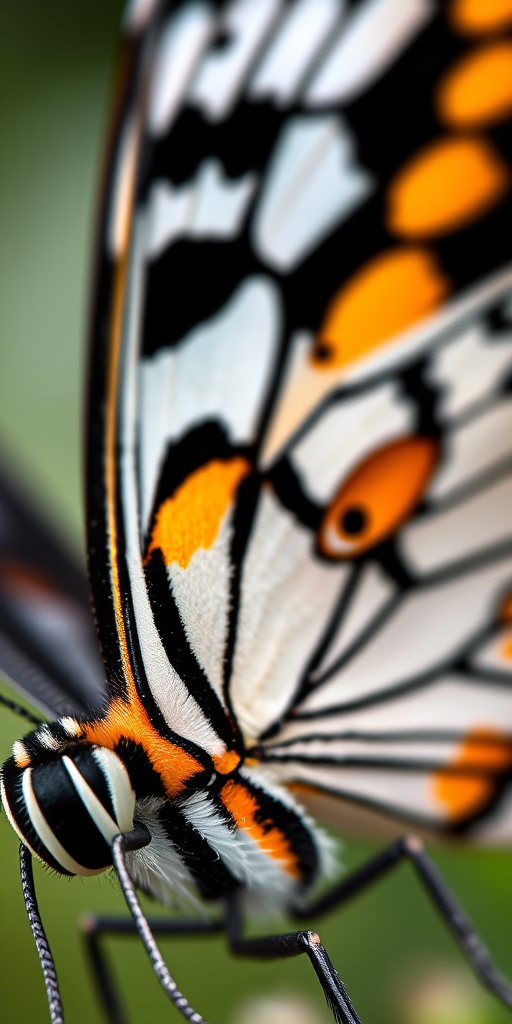 macro shot of a butterfly with intricate black and white patterns and vibrant orange accents, captured with a Canon EOS R5, 100mm f/2.8L macro lens, f/4 aperture, ISO 200, 1/200 sec exposure, soft natural lighting, focus on details and texture