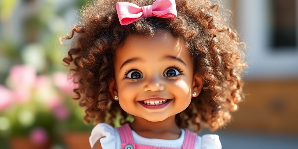 Generate a cartoon-style image of a smiling child with curly hair and a bow, using a Canon EOS R5 camera, 85mm lens, f/1.8 aperture, ISO 100, in bright natural lighting for enhanced quality.